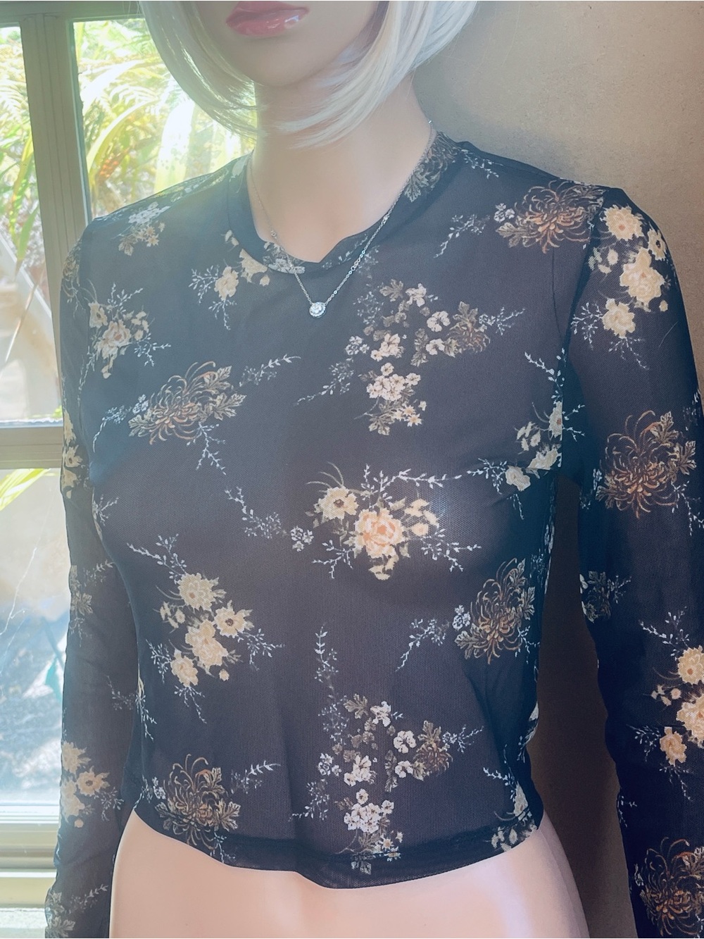 Forever 21 Black Sheer Long-Sleeve Top with Cream Floral Print